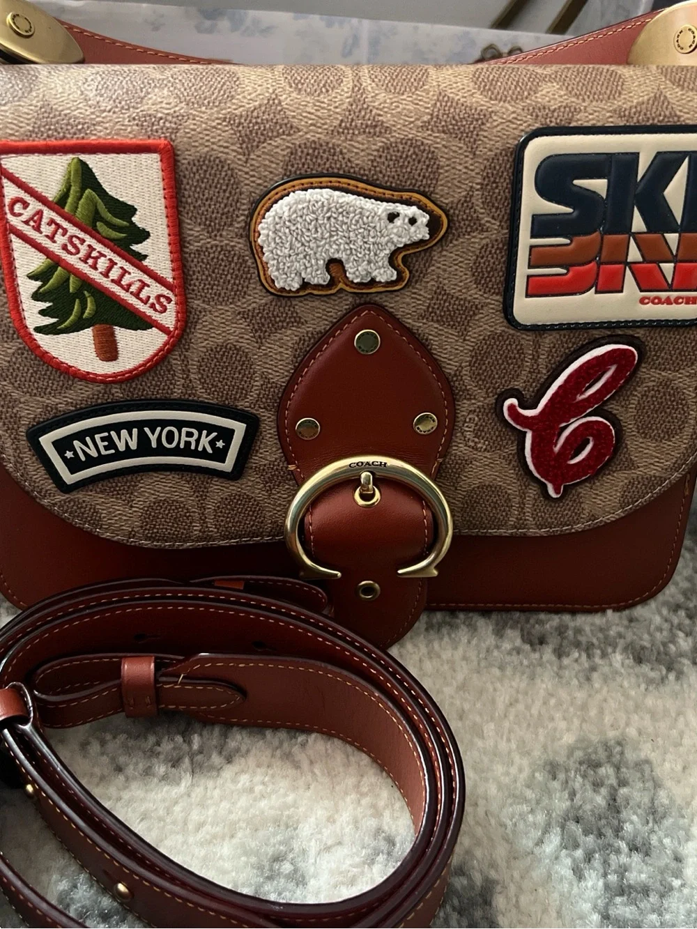 Coach Brown Signature Canvas Crossbody with Leather and Multicolor Patches